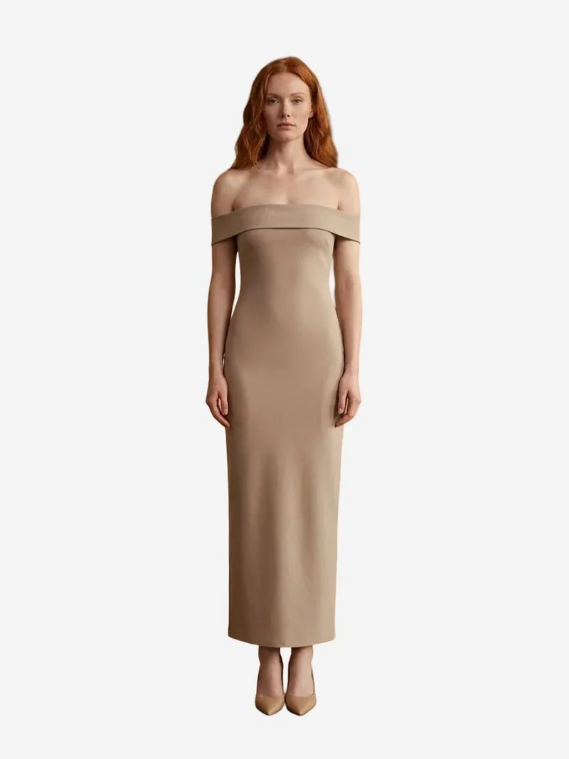 MY FASHION Beige Natural MY FASHION Off Shoulder Bodycon Maxi Dress with Slit for Women | Best Price UAE